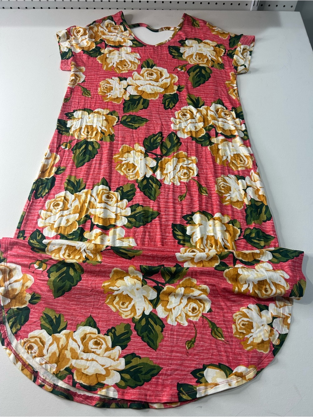 LuLaRoe Small Macy Pink Floral Short-Sleeve Maxi Dress with Yellow Roses